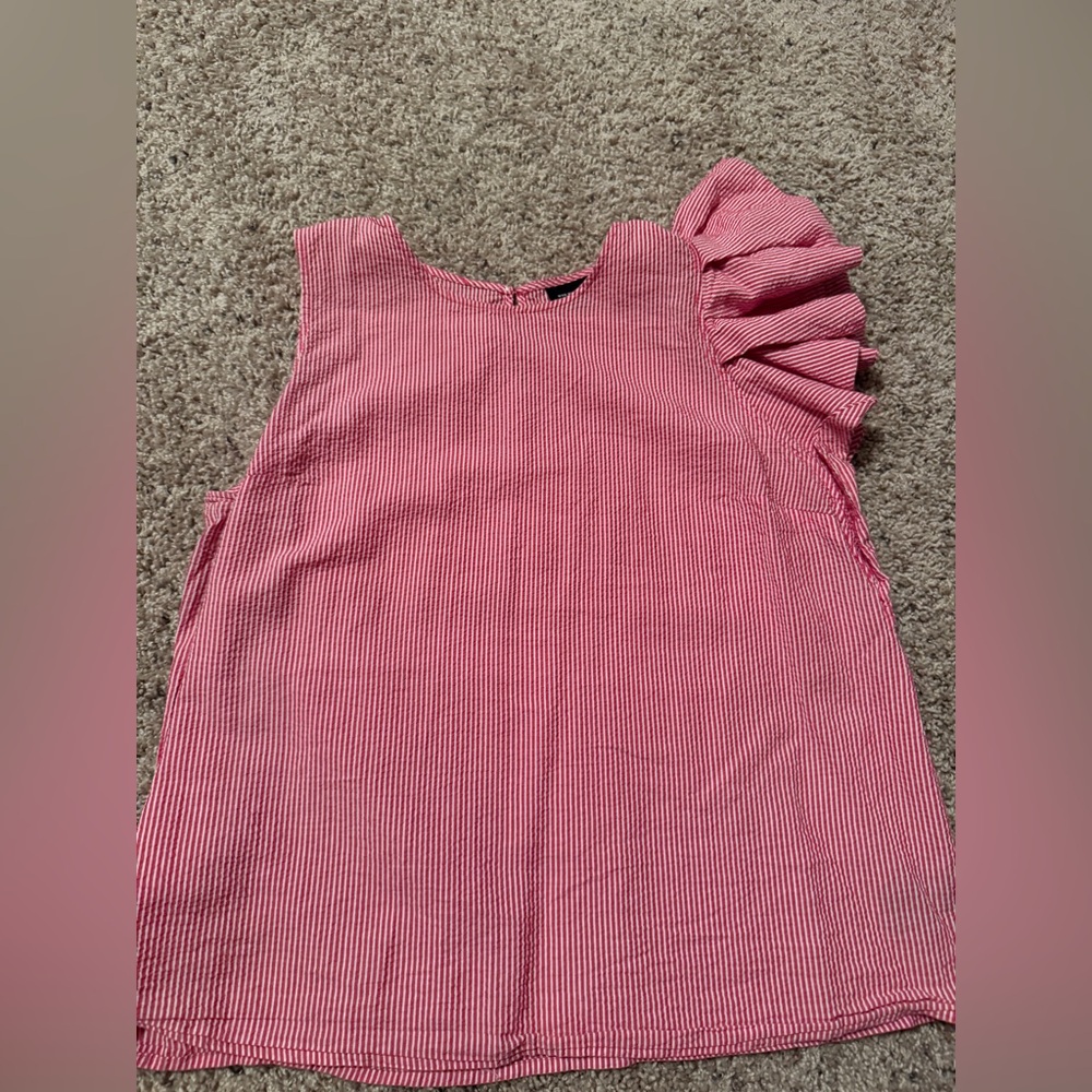 Red & White Striped Seersucker Top with Ruffle Detail on one-side